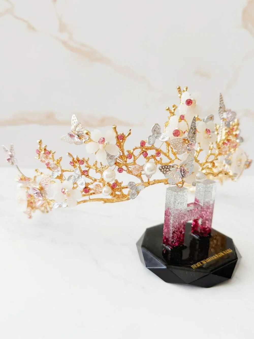 Pink Crystal Butterfly Crown, Gold Floral Tiara, Wedding Bridal Headpiece